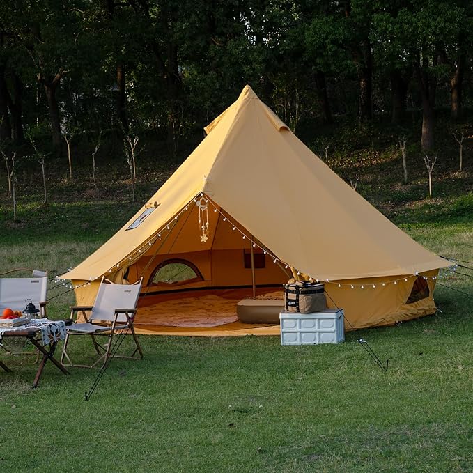Cotton Canvas Bell Tent with Stove Jack Roomy Yurt for Family Glamping Camping 4 Season Tent with Zipped Removable Floor