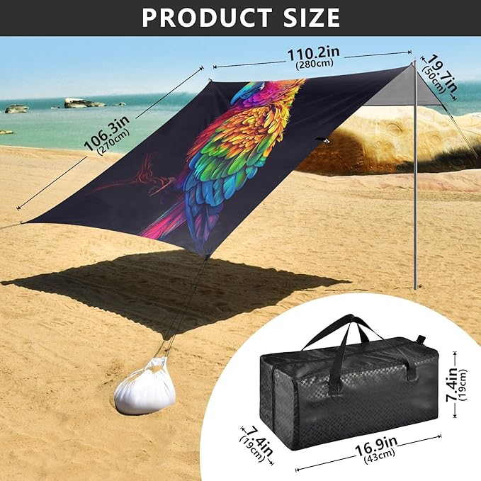 ALAZA Parrot Portrait Rainbow Color Beach Tent Sun Shelter UPF50+ Protection Beach Shade Canopy w/ 4 Sandbags for Outdoor Camping Fishing Backyard Fun Picnic 10x9 ft
