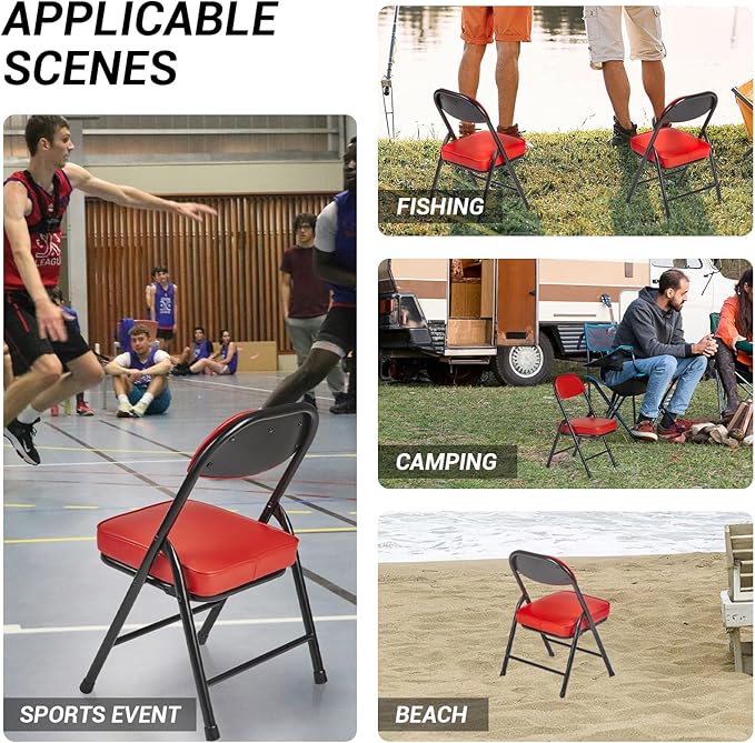 Mini Padded Folding Chairs Garage Stool Portable Camping Chair with Cushion Lightweight Lawn Chair for Outdoor Sports Events Patio Fishing Hiking Hunting Picnic Beach Red