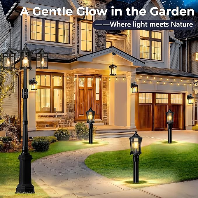Lotsky Motion Sensor Outdoor Post Lights360°Detection Dusk to Dawn Lamp Posts Light Fixture with 3 ModesBlack Aluminum Hardwired Outside Pole Lantern for GardenDrivewayPatioWaterproofE26 Base