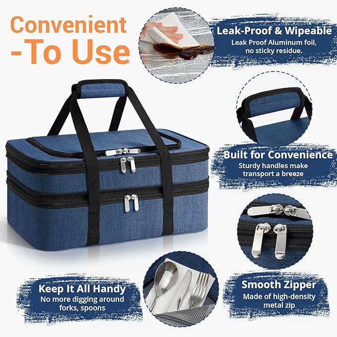 Insulated Double Casserole Carrier - Portable Casserole Carriers for Hot or Cold Food Lunch Tote Warmer or Cooler Bag for Potluck Parties Picnic Cookouts Fits 9 x 13 Baking Dish - Navy Blue