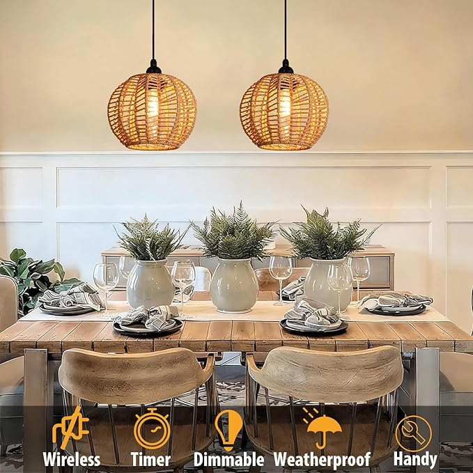 Battery Operated Chandelier 2Pack Hanging Gazebo Lights Cactus Shape Boho Rattan Pendant Lights Outdoor Waterproof for Patio Tree Pergola Porch and Indoor Decor