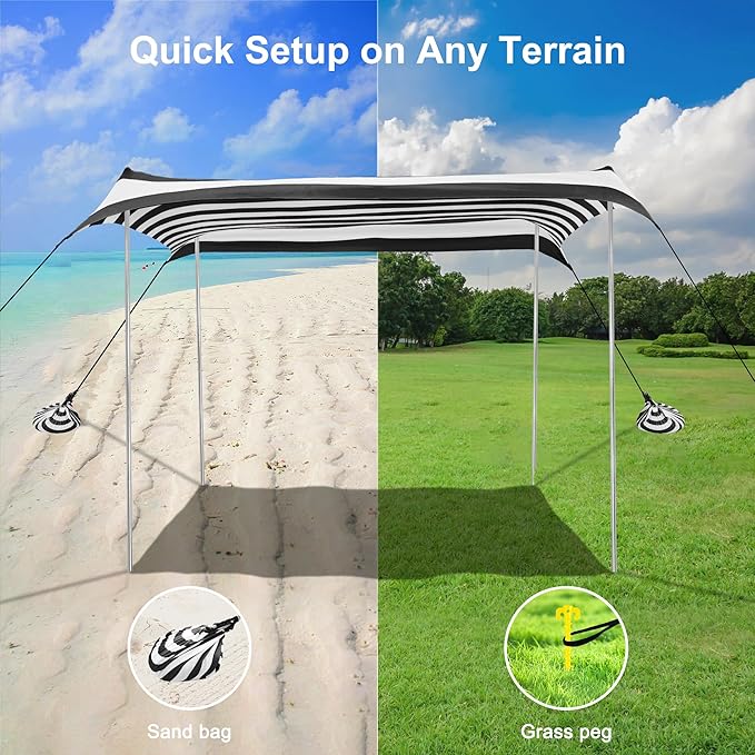 Beach Tent Beach Canopy Sun Shade UPF 50+ Portable 10×10 FT Camping Sun Shelter with Sandbags Poles Ground Pegs and Anti-Wind Ropes for Outdoor Backyard Picnics Fishing-Black Stripe