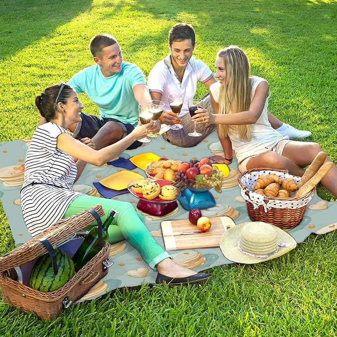 Waterproof Sandproof Beach Blanket 59''×68'' Food Biscuits Polyester Outdoor Picnic Blanket with 4 Stakes &amp Storage Bag for BeachCampingVacation Light Green