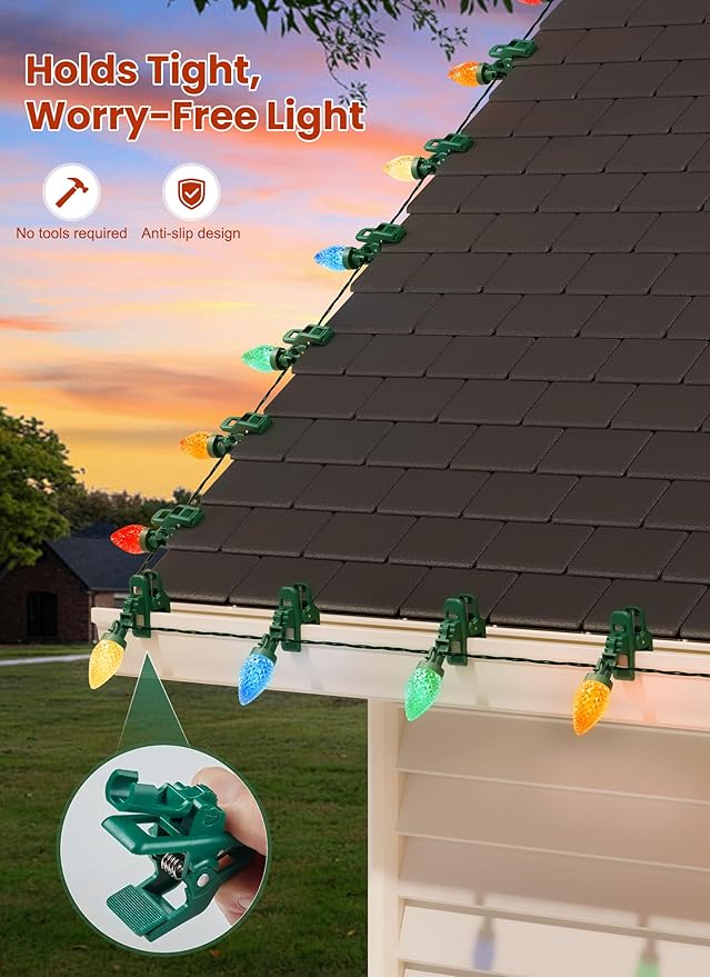C9 LED Christmas Lights Outdoor 68Ft 100 LED String Lights with Quick Clips Commercial Grade Extendable Waterproof Outdoor Christmas Lights for House Outside Roofline Xmas Decorations Multicolor