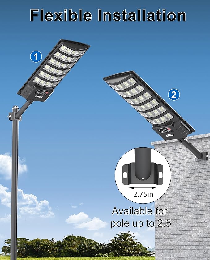 JAYNLT Solar Street Light 7000K Dusk to Dawn Solar Security Floodlight with Motion Sensor No Wiring Required Easy to Install Suitable for Outdoor Lighting in Parking Lots Yards Farms - 2 Pack