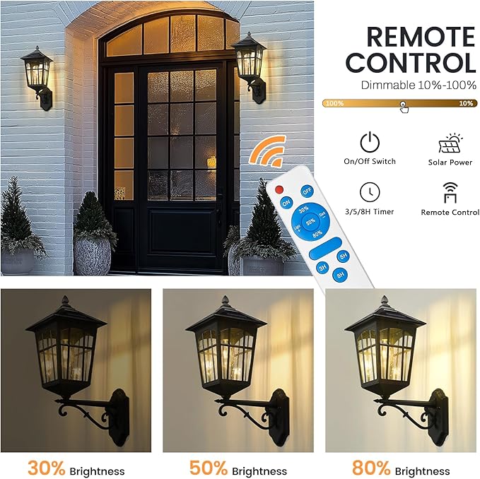 zeyu Solar Outdoor Front Porch Light Large Outdoor Wall Mounted Light with Remote Die-Cast Aluminum with Seeded Glass Shade Black Finish ZYX113B-M SL BK