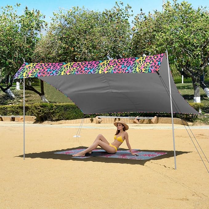 ALAZA Rainbow Leopard Cheetah Print Beach Tent Sun Shelter UPF50+ Protection Beach Shade Canopy w/ 4 Sandbags for Outdoor Camping Fishing Backyard Fun Picnic 10x9 ft