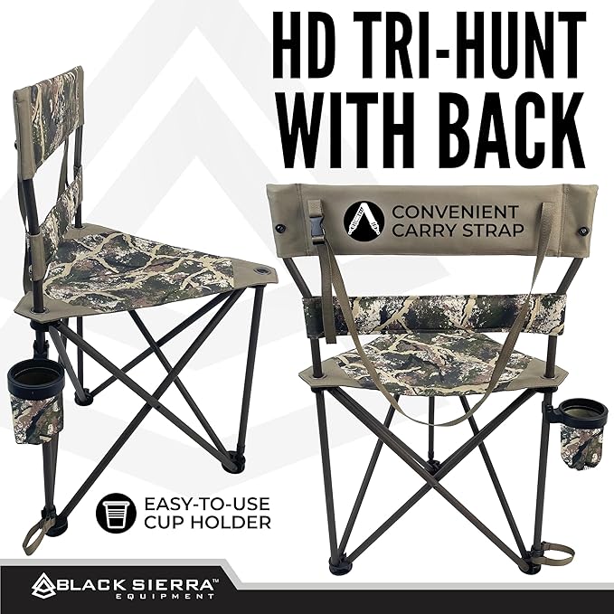 Black Sierra HD Tri-Hunt with Back Hunting Stool Foldable Tripod Seat w/Steel Frame Supports 300 Lbs Heavy Duty Fishing Chair Features Cup-Holder &amp Carry Shoulder Strap for Camping
