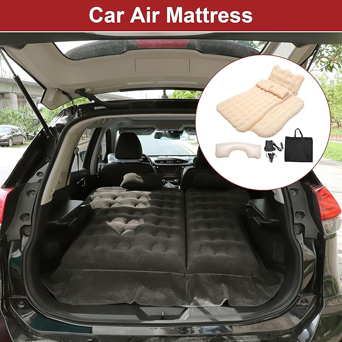 ACROPIX Inflatable SUV Truck Car Air Mattress Back Seat Camping Bed Thickened Car Sleeping Pad for Travel Car Bed SUV Mattress with Car Air Pump and Pillows Beige