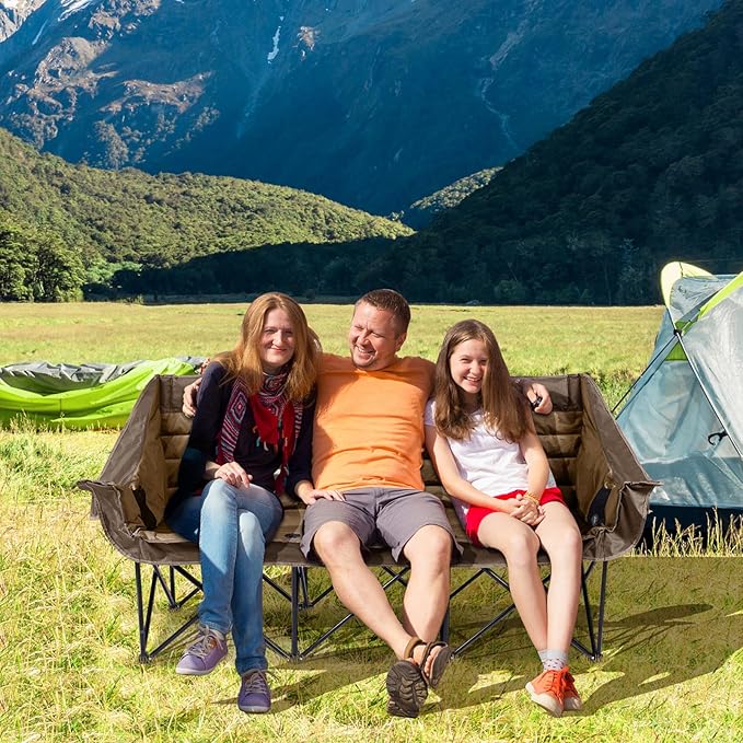 3 Person Camping Chairs Folding Double Camping Chair Portable Oversized Loveseat Padded Camp Chair Heavy Duty Camping Couch for Adults Outdoor Lawn with Two Cup Holders and Carry Bag