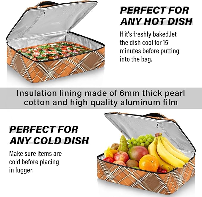 Casserole Carrier Orange and Brown Tartan Print Pattern Insulated Casserole Carrier for Hot or Cold Food Thermal Lunch Tote for Parties Picnic Travel Carry Bag