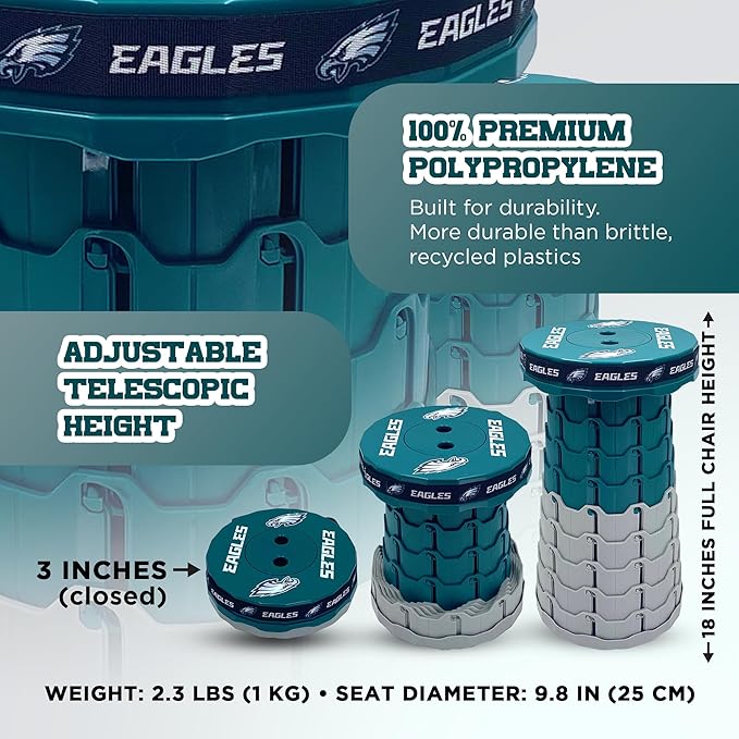 Sporticulture NFL Philadelphia Eagles Telescoping Collapsible Stool 500lbs Max Weight Portable Adjustable Height Folding Camping Stool with Carry Strap Retractable Stadium Have A Seat Outdoor Sports