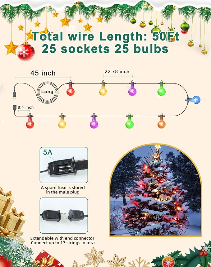 Christmas Lights Outdoor Colored String Lights 50FT Multicolor String Lights with 25 LED G40 Bulbs Waterproof Patio Lights for Garden Backyard Yard Bistro Holiday Party Halloween