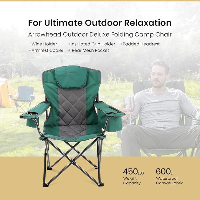 ARROWHEAD OUTDOOR 2-Pack Portable Deluxe Folding Camp Quad Chair w/Headrest Glass &amp Cup Holders Armest 6-can Cooler Heavy Duty Carry Bag 550 lbs Weight Capacity