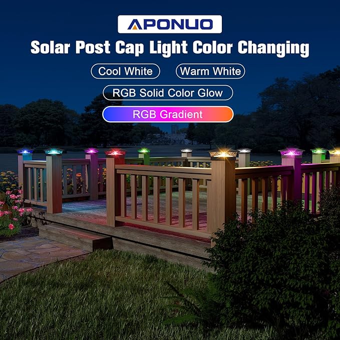 APONUO Solar Post Cap Lights with 8 RGB Solid Colors &amp Multicolor Flow - 8 Pack 6x6 Post Cap Solar Light IP65 Waterproof - Fits 4x4 5x5 6x6 Wood &amp Vinyl Posts - Black
