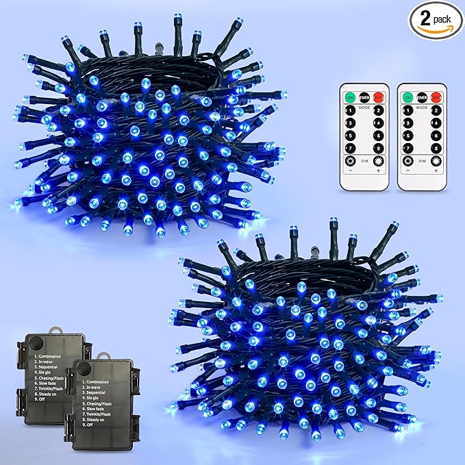 JMEXSUSS 2 Pack 100 LED Blue Christmas Lights Battery Operated Each 33 FT Blue String Lights Indoor Outdoor WaterproofChristmas Tree Lights with Remote for Garden Porch Yard Decor