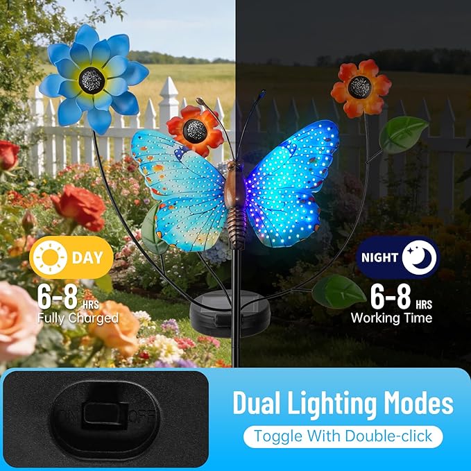 Solar Butterfly Garden Lights 2 Lighting Modes Colorful LED with Flower &amp Butterfly Decor Waterproof Solar Stake Lights for Garden Yard Patio Lawn Pathway (Blue)