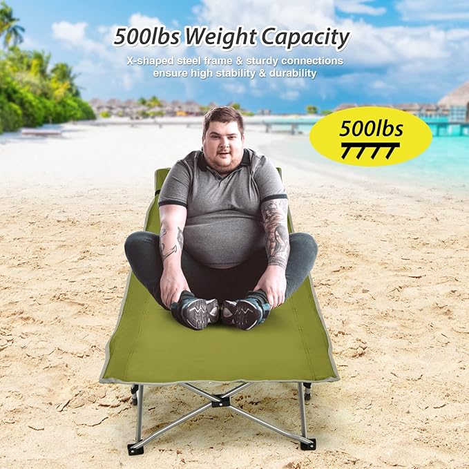 Goplus Folding Camping Cot Sleeping Cot for Adults with Carry Bag Weight Capacity Slanted Head Side Pocket Heavy Duty Portable Camping Bed for Kids Beach Office Snap (Army Green)