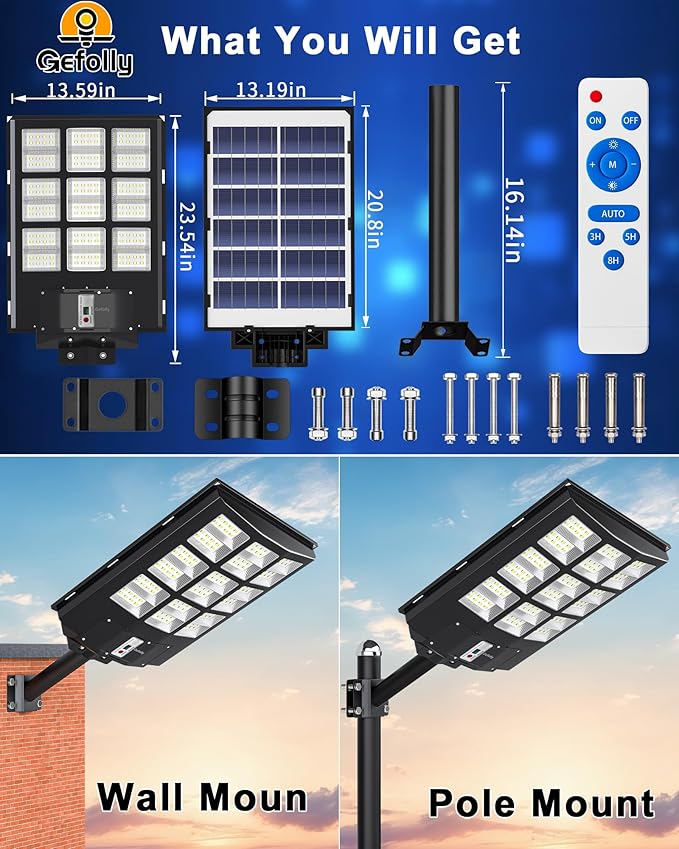 Gefolly SL-4600W Solar Street Light Outdoor Wide Angle Commercial Parking Lot Lights Dusk to Dawn 6500K Flood Security Light IP67 Lamp for Basketball Court Yard