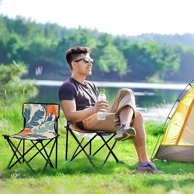 Orange Yellow Flowers Portable Camping Chairs Folding Chair - Durable Oxford Fabric Lightweight Iron Frame Easy Fold Design - Ideal for Outdoor Activities Camping Fishing and Travel