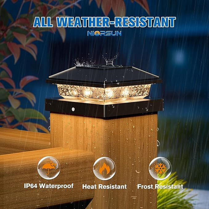 NIORSUN Solar Post Lights Outdoor Fence Post Solar Lights Warm White Waterproof Garden Patio Fence Deck Decor 4x4 Posts Cap Wood Vinyl Black 12 Pack