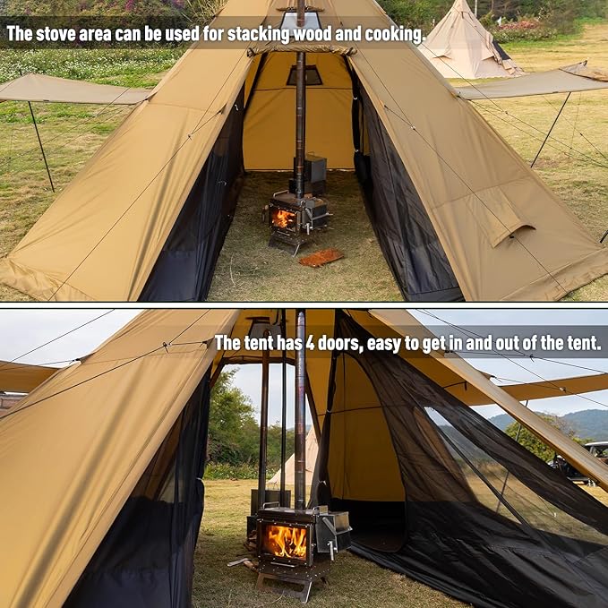 POMOLY Tipi Tent Camping Hot Tents Bromance 70 Pyramid with 3 Stove Jacks for 2-4 Person Hiking Hunting