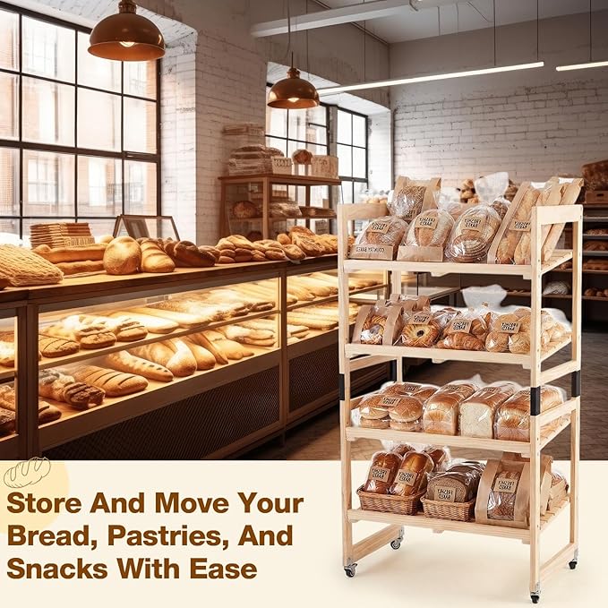 55 x 30 x 18 4 Tier Wood Bakery Bread Rack with Angled Shelves Bread Fruit Vegetable Display Shelf Stand for Shop Pantry Office Grocery Supermarket Kitchen Organizer