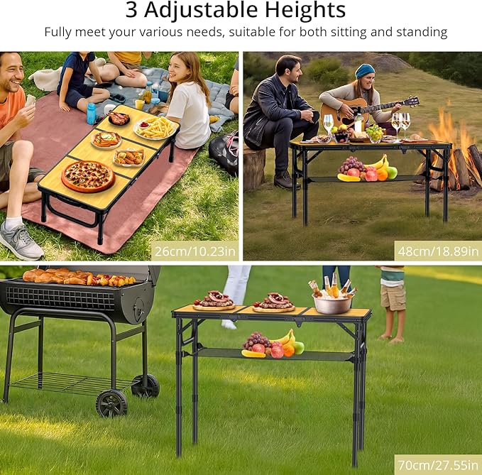 Anbte 3ft Camping Table Foldable with Storage Net and Bag 3 Adjustable Heights High 27.5 Aluminum Camping Table Portable for Outdoor Indoor Backyard BBQ Cooking Party Picnic Beach Light Oak Grain