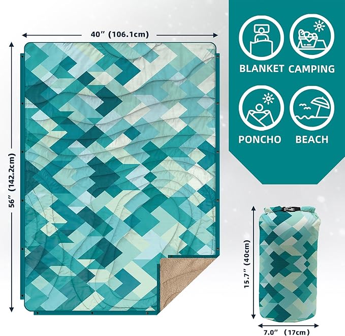 Outdoor Camping Blanket with Sherpa Lining Extra Warm Thick Camp Blankets and Puffy Ultralight Soft Poncho DWR Camping Quilt for Cold Weather Adventure Sleeping Backpacking 56x 40