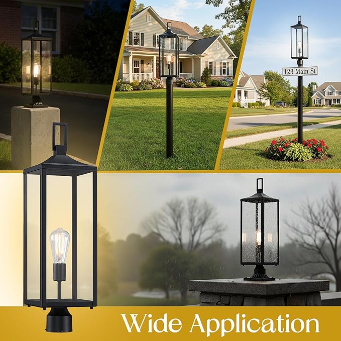 25.6” Hardwired Outdoor Post Lamp for Residential Sidewalk Lamp Post Outdoor Lighting for Exterior Gate Post Pier Mount Lights Large Size Steel and Glass 25.6inch Exterior Pillar Lantern E26