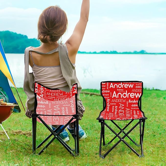 Sinestour Red Custom Folding Camping Chair for Teen Child Personalized Name 14.6×14.6in Portable Outdoor Chair with Carry Bag for Outside Picnic Lawn