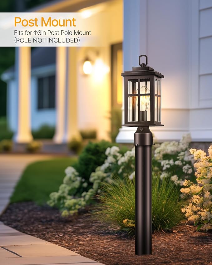 Dusk to Dawn Outdoor Post Lights Bronze Outdoor Lamp Post with Pier Mount Base Waterproof Lamp Posts Outdoor Lighting with Tempered Glass for Garden Porch Patio(Hardwired 120V Not Solar)
