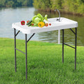 Folding Fish Cleaning Table with Sink Portable Camping Sink Table with Measure Mark Drainage Hose and Knife Groove Outdoor Fish Fillet Cleaning Station for Picnic Fishing White
