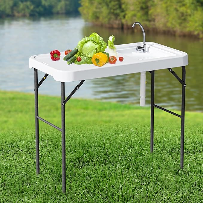 Folding Fish Cleaning Table with Sink Portable Camping Sink Table with Measure Mark Drainage Hose and Knife Groove Outdoor Fish Fillet Cleaning Station for Picnic Fishing White
