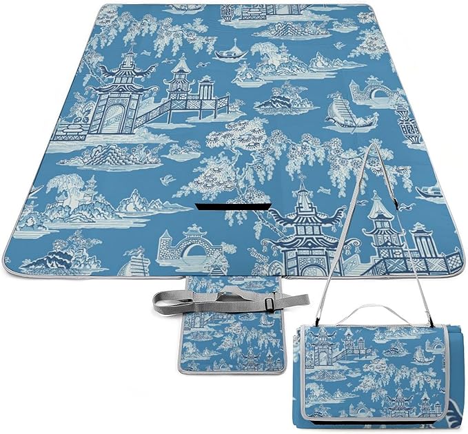 Blue and White Ancient Chinese Folk Chinoiserie Style Waterproof Outdoor Picnic Blanket Sandproof Beach Mat for Camping Hiking Grass Travelling