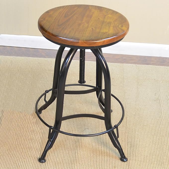 Carolina Chair &amp Table Ryder Adjustable Round Bar Stool - Powder Coated Finish Metal Frame Solid Wooden Seat Swivel Stool - Rustic Style Furniture for Counter Dining Room Kitchen (Chestnut/Black