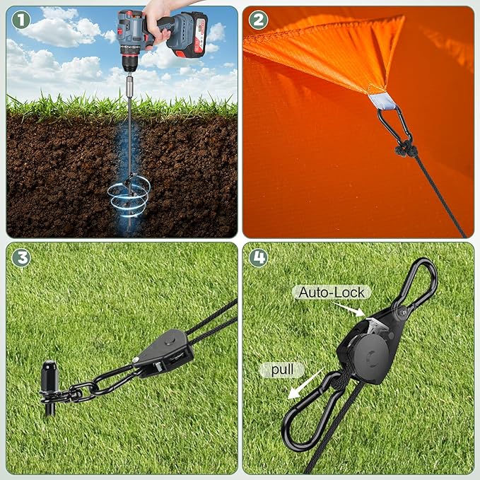 Tinnmao 4-Pack 17.7 Tent Stakes Heavy Duty with 8 Ratchet Tie Down Straps (1/8 φ) Kit for High Wind 8mm Solid Steel Spiral Ground Anchors Screw in for Tarp | Canopy | Sand Beach Camping Tent