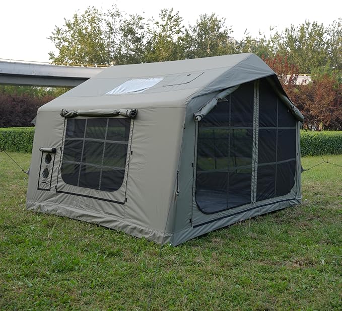 8㎡ Luxury Inflatable Camping Tent for 3-8 People UV-Resistant 4-Season Family Tent with Chimney Port &amp Skylight Oxford Fabric or Tech Cotton – White Tank Gray Aurora Green