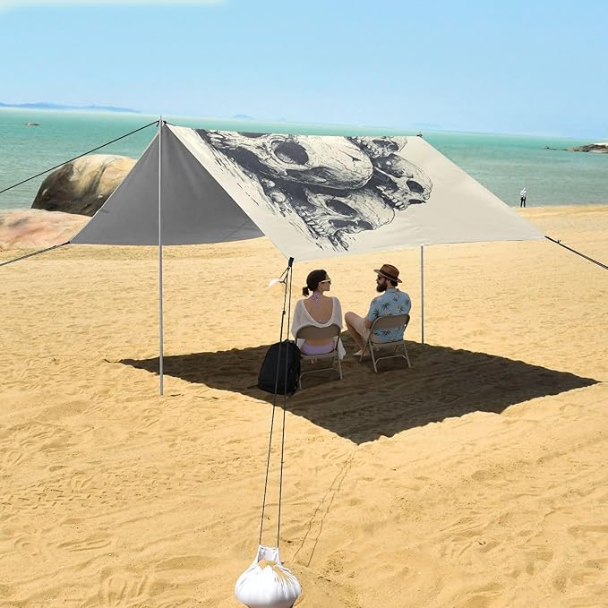 ALAZA Skull Head Vintage Beach Tent Sun Shelter UPF50+ Protection Beach Shade Canopy w/ 4 Sandbags for Outdoor Camping Fishing Backyard Fun Picnic 10x9 ft