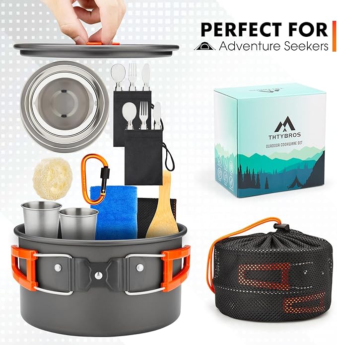 17pcs Camping Cookware Kit 0.45Gal Pot 7inches Pan0.30Gal Kettle Set with 2 Set Stainless Steel Cups Plates Forks Knives Spoons for Hiking