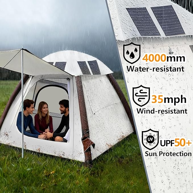 Automatic Inflatable Tents for Camping 4 Person with Solar Panel Easy Set Up Pop Up Tents for Camping with 2-3 Min Family Tents for Camping Windproof Waterproof Blow Up Tents for Traveling
