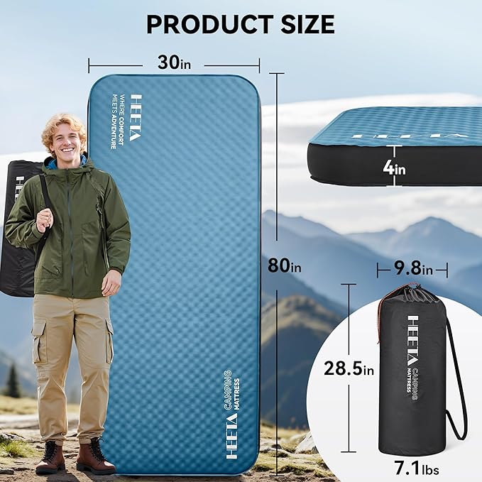 HEETA Self Inflating Sleeping Pad with Electric Pump 4 Ultra Thick Memory Foam Camping Mattress 9.5 R-Value Insulated Sleeping Mat Easy to Inflate &amp Deflate for Camping Car Travel Tent Cot Bed