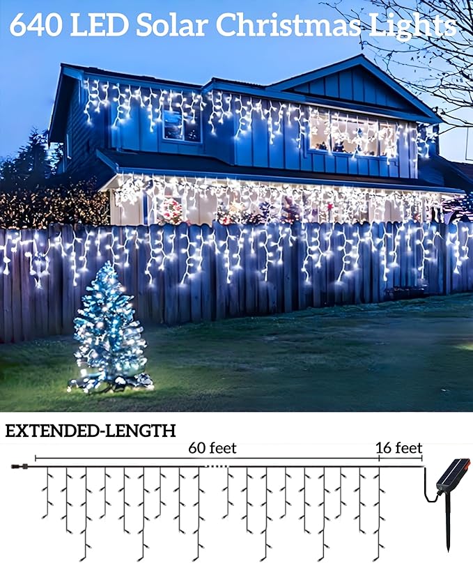 Solar Christmas Lights Outdoor 640LED 16Ft+60Ft Solar Icicle Lights Waterproof with 13 Modes Rechargeable for Outside Roof Fence Christmas Decorations