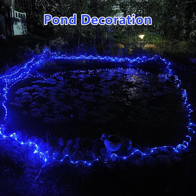 QITONG Blue Solar Rope Lights Outdoor 2 Pack Each 33ft 100LED String Light Fairy Lights in Clear Thin Tube with 8 Modes