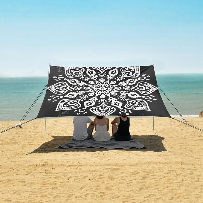 ALAZA White Mandala Graffiti Beach Tent Sun Shelter UPF50+ Protection Beach Shade Canopy w/ 4 Sandbags for Outdoor Camping Fishing Backyard Fun Picnic 10x9 ft