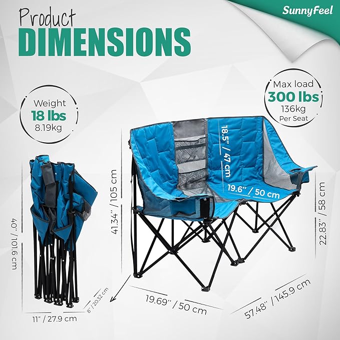 SUNNYFEEL Folding Double Camping Chair Oversized Loveseat Chair Heavy Duty Portable/Foldable Lawn Chair with Storage for Outside/Outdoor/Travel/Picnic Fold Up Camp Chairs for Adults 2 People