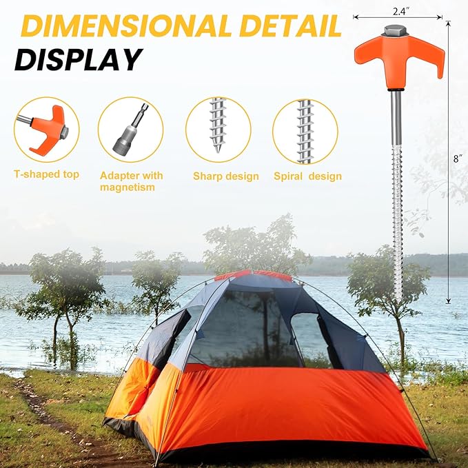 12 Pack 8 Screw in Tent Stakes Heavy Duty- Ground Anchors Screw- Tent Pegs Camping Stakes- Hex Pegs Drillable Tent Stakes and Hexagon Head Drive and Storage Box (Orange)