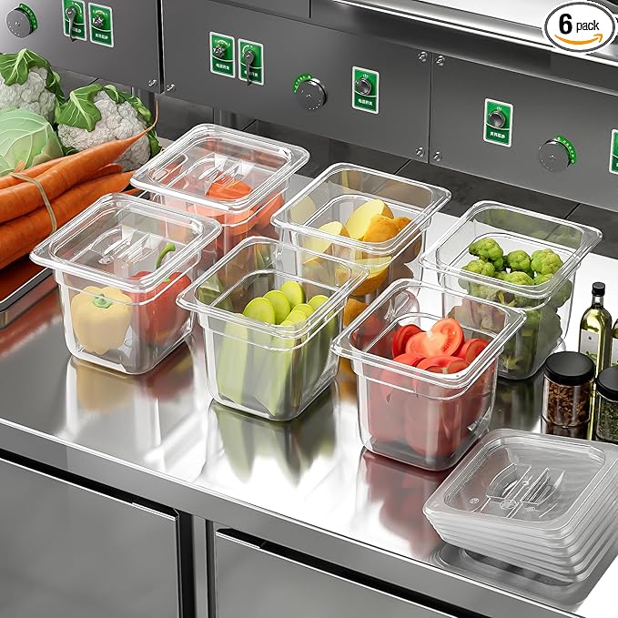 6Pack Food Pans 1/6 Size 6 Inch Deep Commercial Food Storage Containers Polycarbonate Clear (Click to select 1/6 Size 6 Deep With lid)
