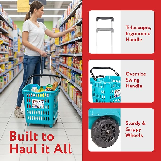 dbest products Bigger GoCart Grocery Cart Rolling Shopping Laundry Basket on Wheels Hamper with Telescopic Handle Cleaning Caddy Trolley Teal Bigger 1 pack